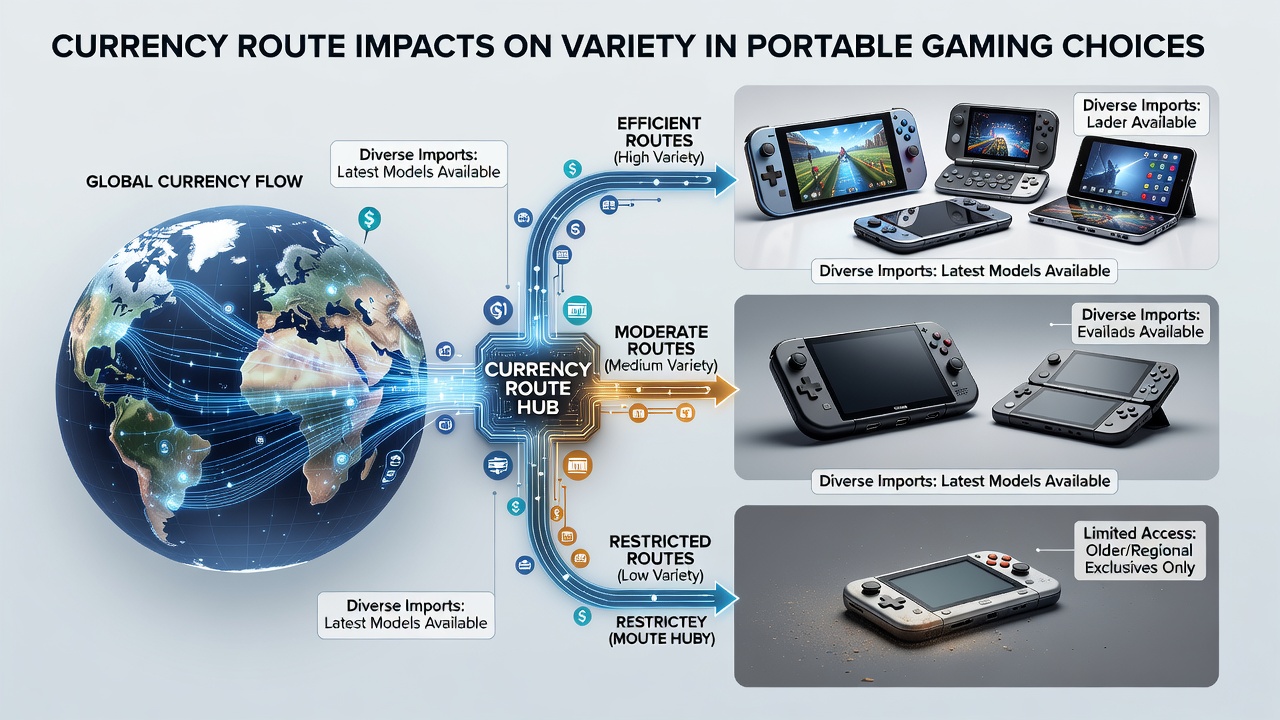 Data visualization chart mapping currency routes to differences in mobile game variety and availability