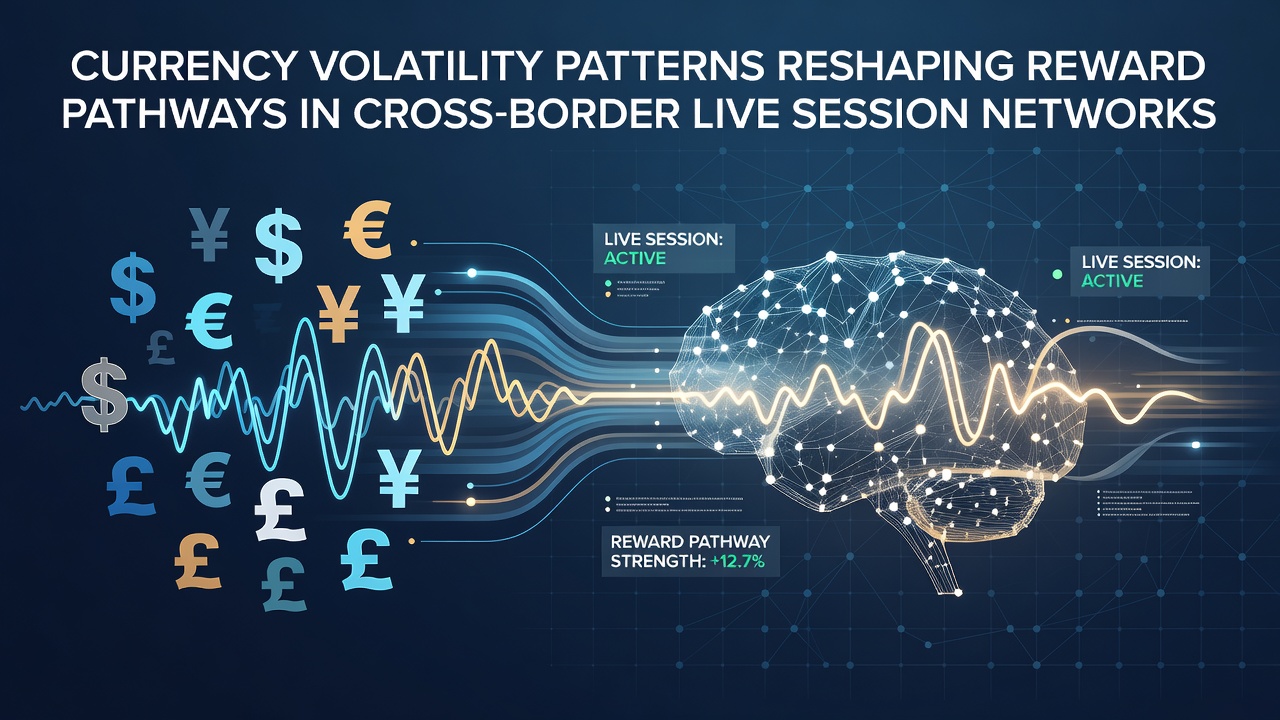 Currency exchange rate charts overlaid on digital live session interfaces showing cross-border reward adjustments