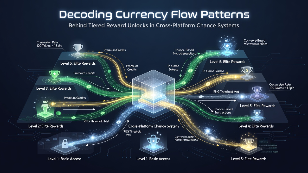 Diagram showing currency flows through tiered reward systems across mobile and desktop gaming platforms