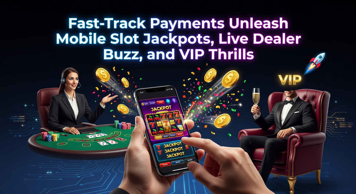 Dynamic graphic showing instant payment notifications lighting up a mobile casino screen with slot reels spinning and jackpot counters ticking upward