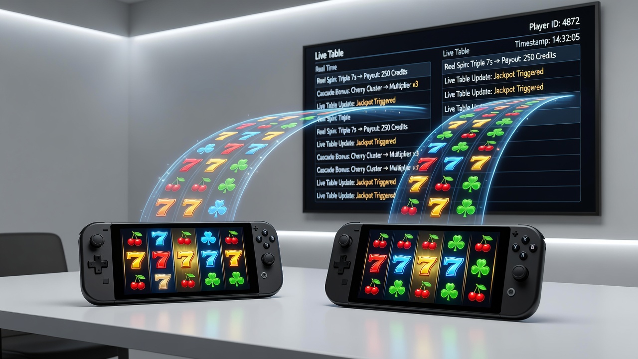 Mobile screen displaying symbol cascade from slot reels transitioning into live table entry interface