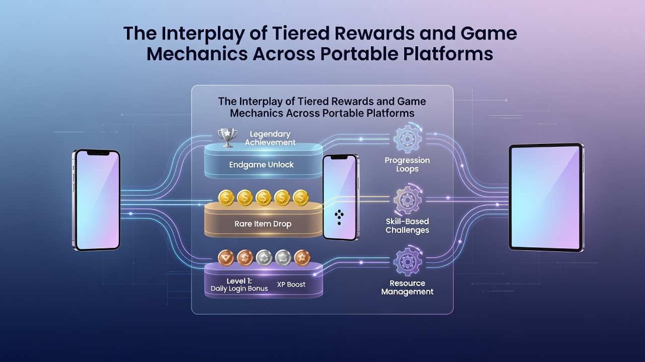 Mobile casino interface showing tiered reward levels alongside slot game mechanics on a portable device