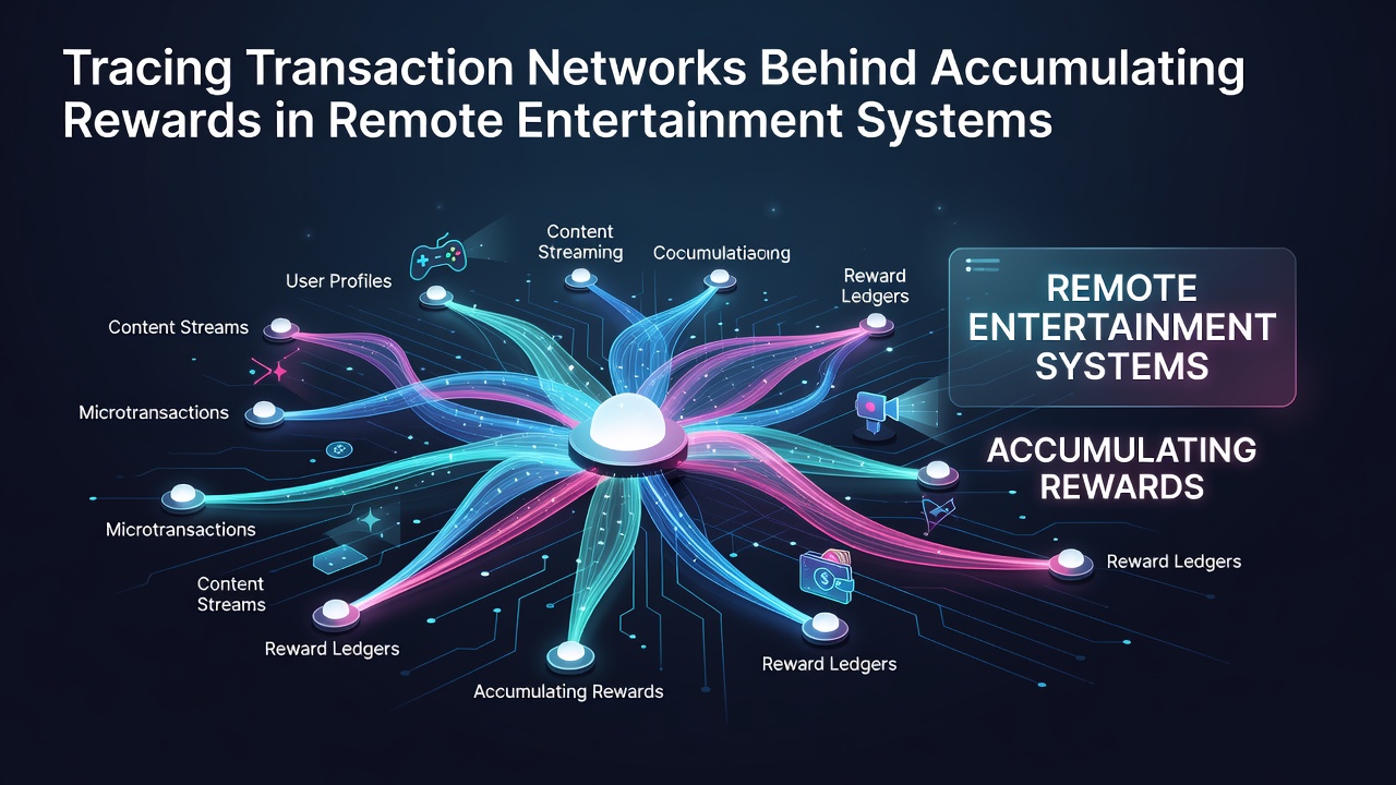 Network diagram showing transaction flows in remote entertainment reward systems