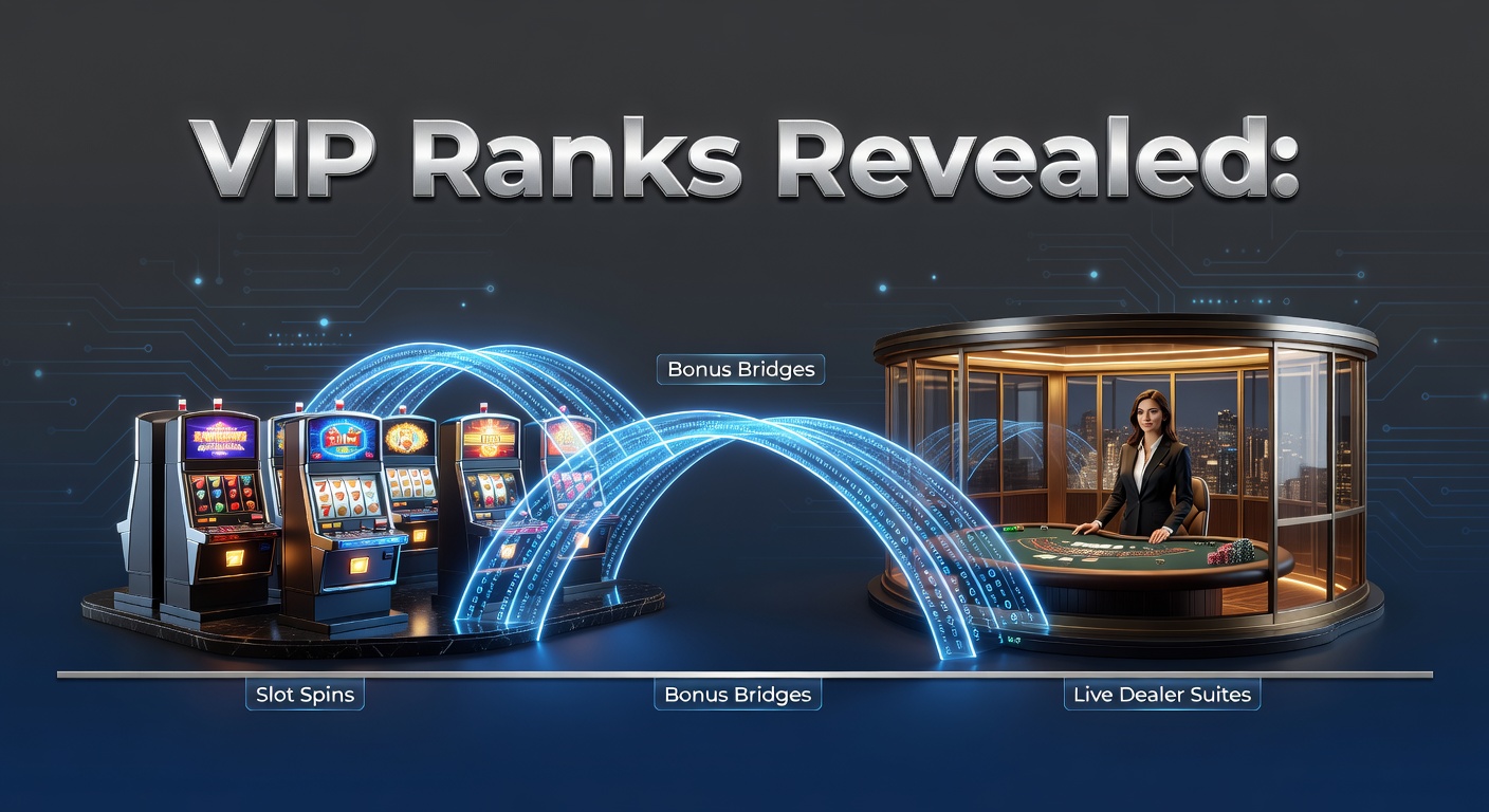 Illustration of VIP rank ladder starting with colorful slot reels climbing toward elegant live dealer tables and luxury suites